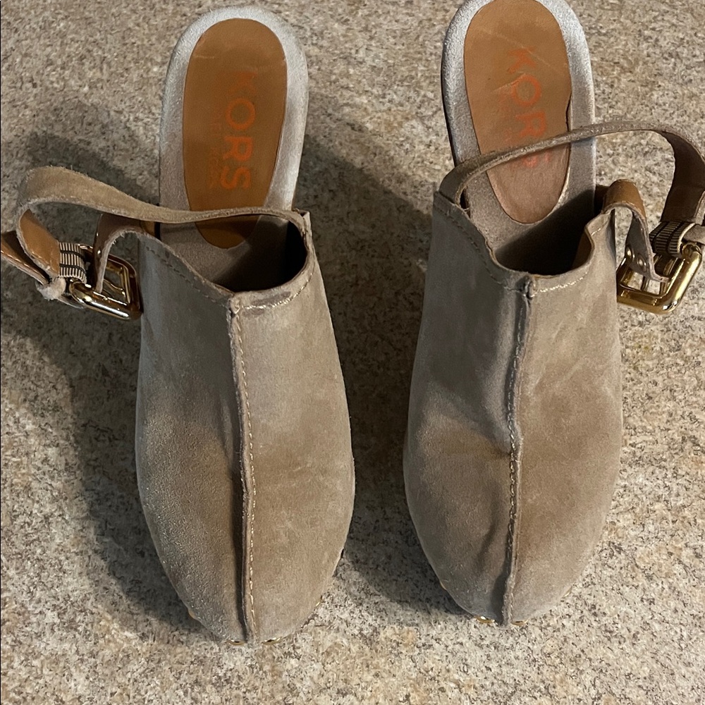 Michael Kors Women's Taupe Suede Mules with Gold Buckle